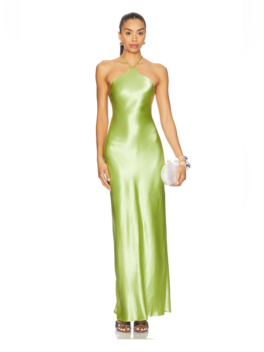 REVOLVE Lime Green Satin Halter Maxi Dress
